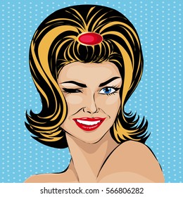 Pop art comics style smiling woman portrait, vector illustration