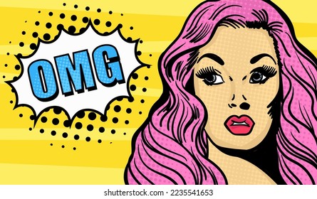 Historietas de arte pop estilo vectorial arte. Ilustración vector dibujada a mano de la chica con el signo Omg.
