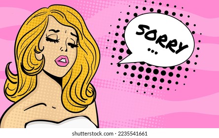 Pop art comics style vector art. Hand-drawn vector illustration of the girl with the sign Sorry.