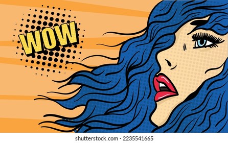 Pop art comics style vector art. Hand-drawn vector illustration of the girl with the sign WOW.
