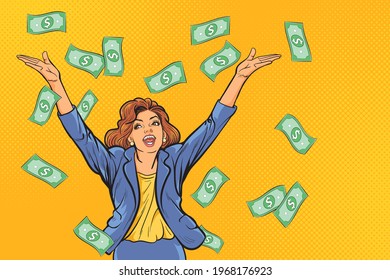 Pop Art comics Successful happy Business Woman Celebrating in Falling Down Money.The business concept of successful business woman on money rolls Finance wealth profit