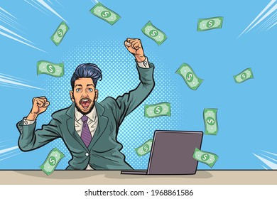 Pop Art comics Successful happy Business man Celebrating in Falling Down Money.The business concept of successful business man on money rolls Finance wealth profit