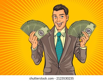 Pop Art comics Successful happy Business man Celebrating in Falling Down Money.The business concept of successful business man on money rolls Finance wealth profit