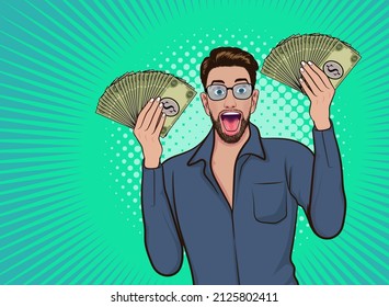 Pop Art comics Successful happy Business man Celebrating in Falling Down Money.The business concept of successful business man on money rolls Finance wealth profit