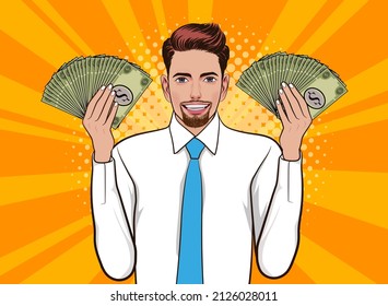 Pop Art comics Successful happy Business man Celebrating in Falling Down Money.The business concept of successful business man on money rolls Finance wealth profit