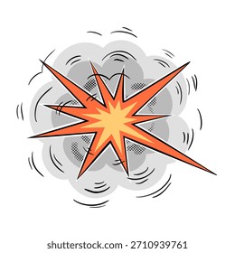 Explosión de estilo cómico de arte Pop con una explosión brillante y una nube de humo. Forma de explosión estelar dinámica con textura de semitono y líneas de movimiento