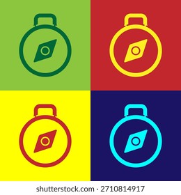 Icono de brújula de arte Pop aislado sobre fondo de color. Símbolo de navegación de Windrose. Signo de la rosa del viento.  Ilustración vectorial
