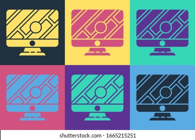 Pop art Computer monitor and folded map with location marker icon isolated on color background.  Vector Illustration