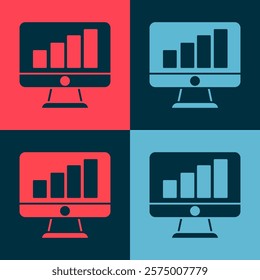 Pop art Computer monitor with graph chart icon isolated on color background. Report text file. Accounting sign. Audit, analysis, planning.  Vector