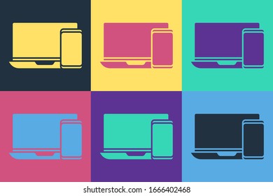 Pop art Computer monitor and mobile phone icon isolated on color background. Earnings in the Internet, marketing.  Vector Illustration