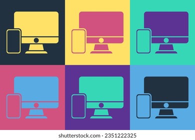 Pop art Computer monitor and mobile phone icon isolated on color background. Earnings in the Internet, marketing.  Vector