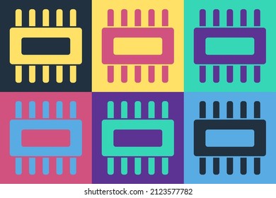 Pop art Computer processor with microcircuits CPU icon isolated on color background. Chip or cpu with circuit board. Micro processor.  Vector Illustration