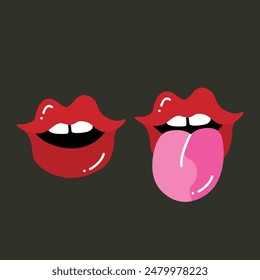 Concepto de arte Pop representado por el ícono de la boca femenina. Póster de Antiguas con labios rojos. Ilustración de labios sexys usando lápiz labial rojo con lengua rosa sobresaliendo