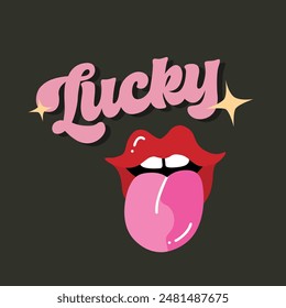 Concepto de arte Pop representado por el ícono de la boca femenina y la cereza. Afiche de Antiguas con labios rojos e inscripciones que se sienten afortunados. Ilustración de labios sexys usando lápiz labial rojo con lengua rosa sobresaliendo