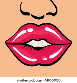 Pop art concept represented by female mouth with nose icon. Colorfull illustration. Face background