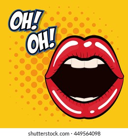 Pop art concept represented by female mouth icon. Colorfull illustration. Yellow background