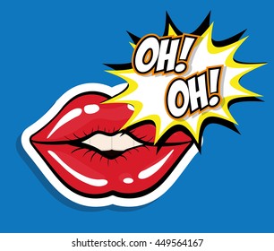 Pop art concept represented by female mouth icon. Colorfull illustration. Blue background
