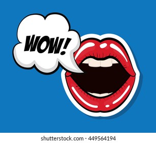 Pop art concept represented by female mouth icon. Colorfull illustration. Blue background