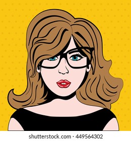 Pop art concept represented by girl cartoon icon. Colorfull illustration. Yellow background