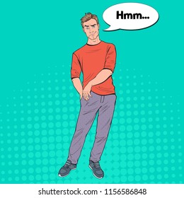Pop Art Concerned Man with Empty Pockets. No Money, Bankruptcy Concept. Poor Guy. Vector illustration
