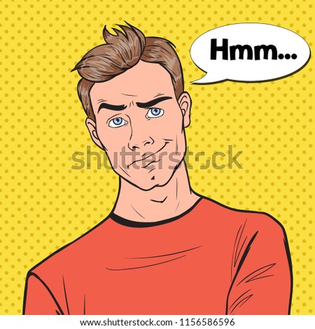 Pop Art Concerned Man Portrait. Thoughtful Worried Guy Facial Expression. Vector illustration