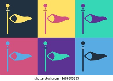 Pop art Cone meteorology windsock wind vane icon isolated on color background. Windsock indicate the direction and strength of the wind.  Vector Illustration