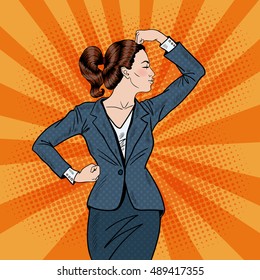 Pop Art Confident Business Woman Showing Muscles. Vector illustration