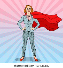 Pop Art Confident Business Woman Super Hero in Suit with Red Cape. Vector illustration