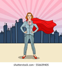 Super héroe de pop Art con confiada mujer de negocios en traje con Red Cape. Ilustración del vector