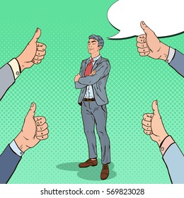 Pop Art Confident Businessman and Hands Showing Thumbs Up. Vector illustration