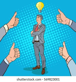 Pop Art Confident Businessman with Idea Light Bulb and Hands Showing Thumbs Up. Vector illustration