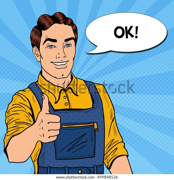 Pop Art Confident Smiling Mechanic with\
Wrench Thumbs Up. Vector\
illustration