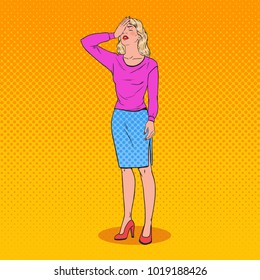 Pop Art Confused Young Woman Covering Her Face with Hands. Facial Expression Negative Emotion. Vector illustration