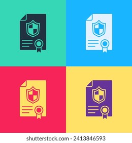 Pop Art Contract mit Schild Symbol einzeln auf Farbhintergrund. Versicherungskonzept. Sicherheit, Sicherheit, Schutz, Schutzkonzept.  Vektorgrafik