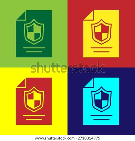 Pop art Contract with shield icon isolated on color background. Insurance concept. Security, safety, protection, protect concept.  Vector