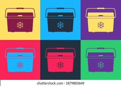 Pop art Cooler bag icon isolated on color background. Portable freezer bag. Handheld refrigerator. Vector.