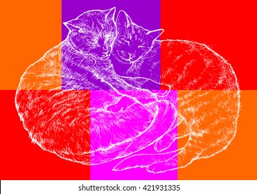 Pop art couple in love cats, can be used to design for T-shirt, card, poster, invitation. Vector colored illustration 