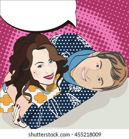 pop art couple in love. man hugging a woman in comic book style. vector illustration