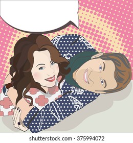 Pop Art couple in love. vector illustration of young woman and man in love, hugging.