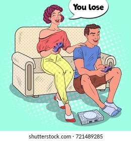 Pop Art Couple Playing Video Game. Girl and Guy with Console Joystick. Vector illustration