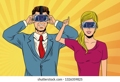pop art couple using virtual reality glasses