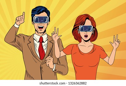 pop art couple using virtual reality glasses