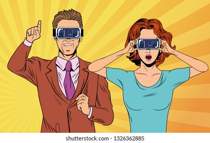 pop art couple using virtual reality glasses