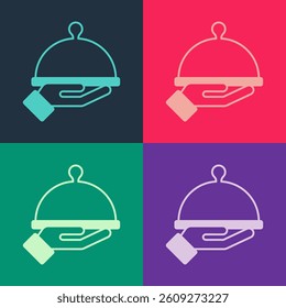 Pop art Covered with a tray of food icon isolated on color background. Tray and lid sign. Restaurant cloche with lid.  Vector