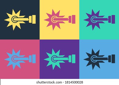 Pop art Cowboy horse riding spur for boot icon isolated on color background.  Vector