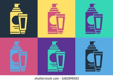 Pop art Cream or lotion cosmetic tube icon isolated on color background. Body care products for men.  Vector Illustration