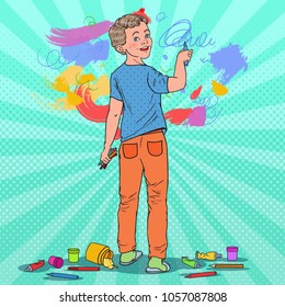 Pop Art Creative Boy Drawing on the Wall. Joyful Child Painting with Crayons on Wallpaper. Vector illustration