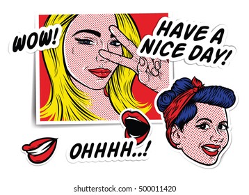 Pop Art Creative Fashion Patch Badges with Lips, Smiling Girl Face, Retro Woman. Vector set of stickers, patches in cartoon vintage comic style. Comic book vector illustration.