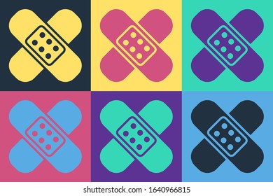 Pop art Crossed bandage plaster icon isolated on color background. Medical plaster, adhesive bandage, flexible fabric bandage.  Vector Illustration