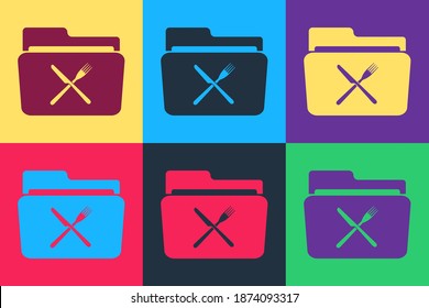 Pop art Crossed fork and knife over folder icon isolated on color background. Restaurant symbol. Vector.